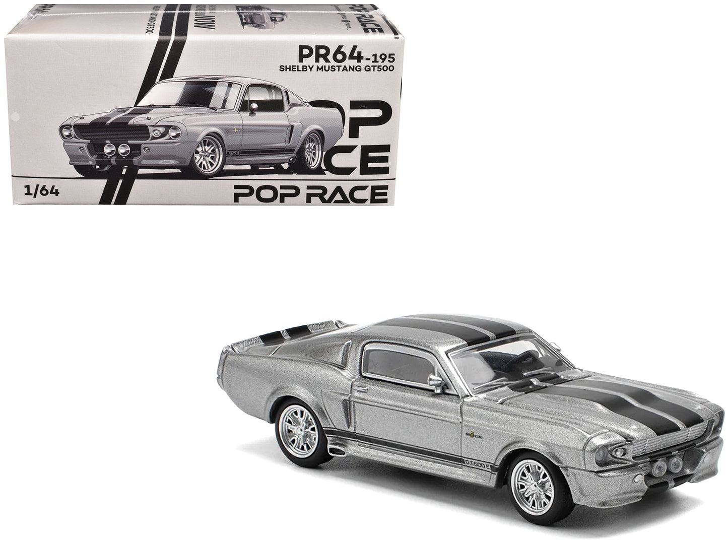 Shelby Mustang GT500 Gray Metallic with Black Stripes 1/64 T&y Diecast Model Car by Pop Race