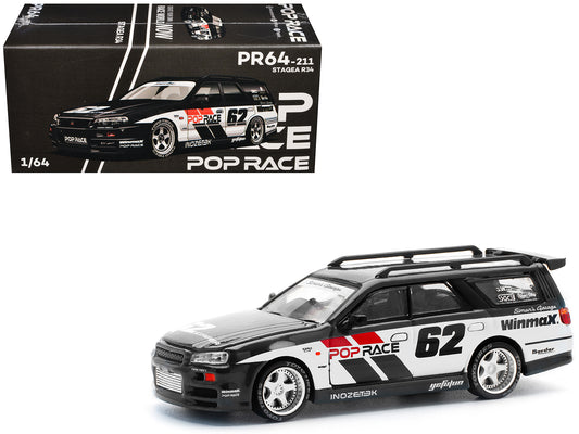 GT-R Stagea RHD (Right Hand Drive) #62 "Simon's Garage" Black with White Sides 1/64 T&y Diecast Model Car by Pop Race