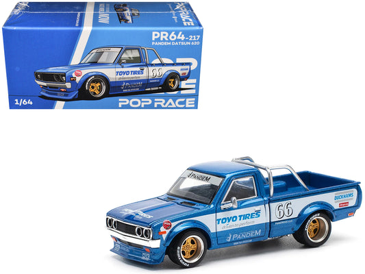 Datsun Pandem 620 Pickup Truck #66 Blue Metallic with White Stripes and Graphics 1/64 T&y Diecast Model Car by Pop Race