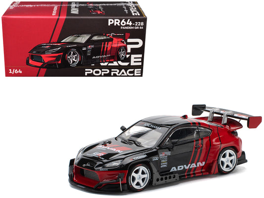 T&yota Pandem GR86 "Advan" Black and Red with Graphics 1/64 T&y Diecast Model Car by Pop Race