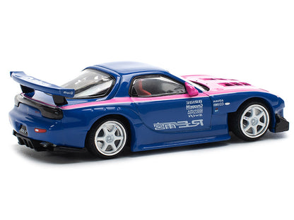 Mazda RX-7 RE-Amemiya Widebody RHD (Right Hand Drive) Blue with Pink Hood and Stripes 1/64 Diecast Model Car by Pop Race
