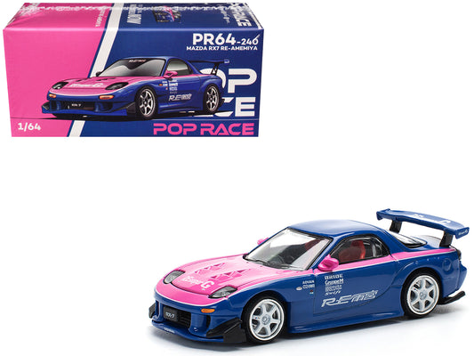 Mazda RX-7 RE-Amemiya Widebody RHD (Right Hand Drive) Blue with Pink Hood and Stripes 1/64 T&y Diecast Model Car by Pop Race