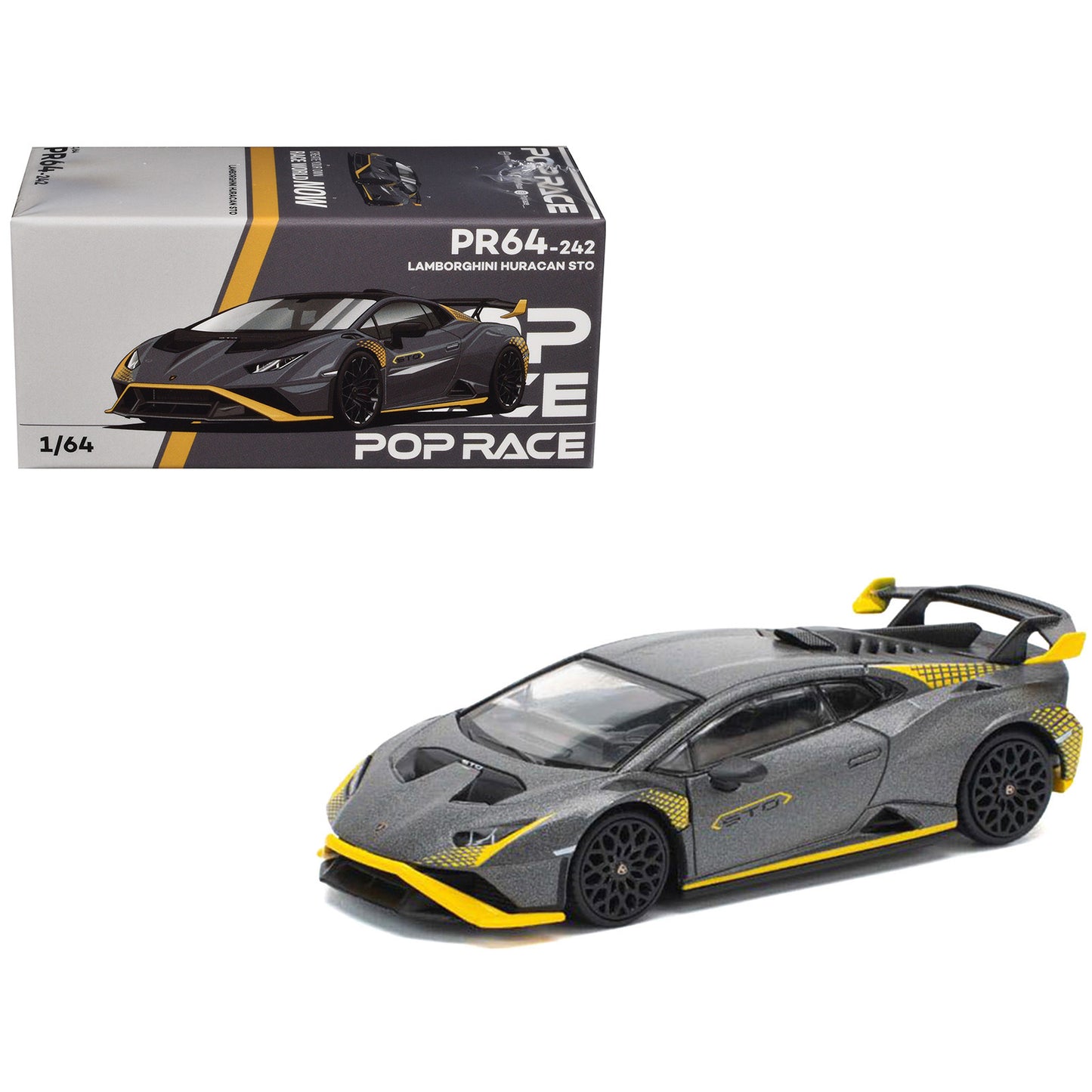 Lamborghini Huracan STO Matt Gray Metallic with Yellow Accents 1/64 T&y Diecast Model Car by Pop Race