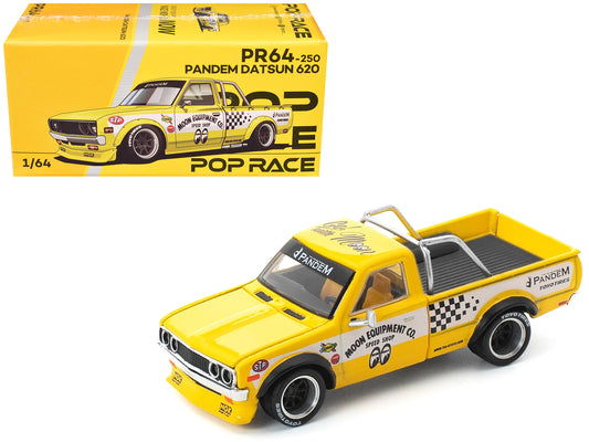 Datsun Pandem 620 Pickup Truck "MoonEyes" Yellow with White Sides and Graphics 1/64 T&y Diecast Model Car by Pop Race