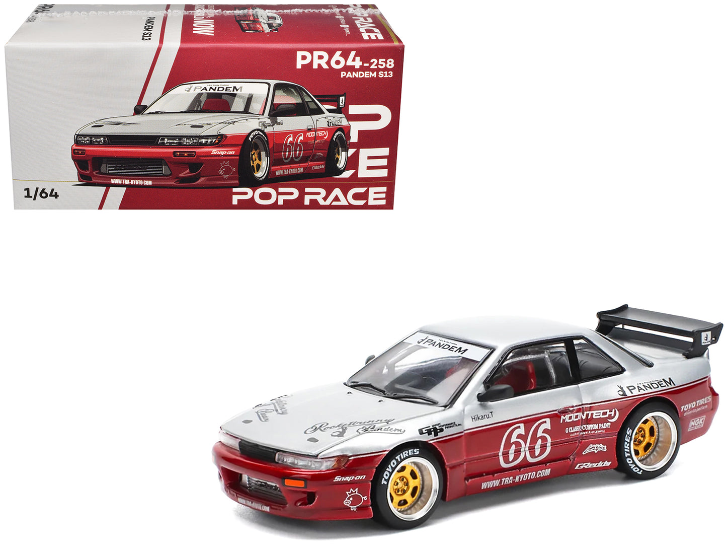 Nissan Pandem S13 RHD (Right Hand Drive) #66 "Moontech" Silver and Red Metallic 1/64 T&y Diecast Model Car by Pop Race