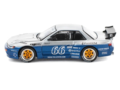 Pandem S13 RHD (Right Hand Drive) Silver and Moontech Blue Metallic with Graphics 1/64 Diecast Model Car by Pop Race