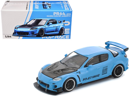Mazda RX8 RE-Amemiya Widebody RHD (Right Hand Drive) Light Blue with Carbon Hood 1/64 T&y Diecast Model Car by Pop Race