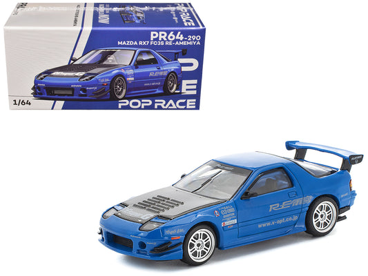 Mazda RX7 (FC3S) RE Amemiya RHD (Right Hand Drive) Blue Metallic with Carbon Hood 1/64 T&y Diecast Model Car by Pop Race