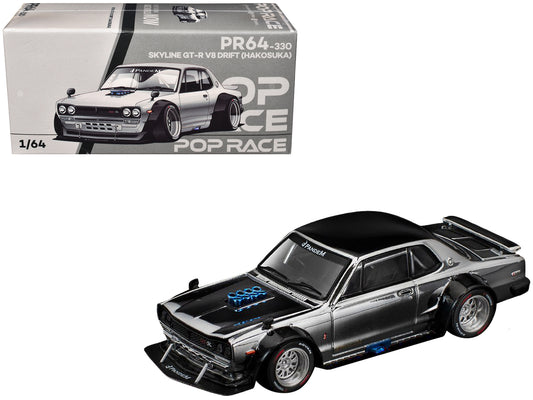Skyline GT-R V8 Drift "Hakosuka" RHD (Right Hand Drive) Silver Chrome with Black Hood and Top 1/64 T&y Diecast Model Car by Pop Race