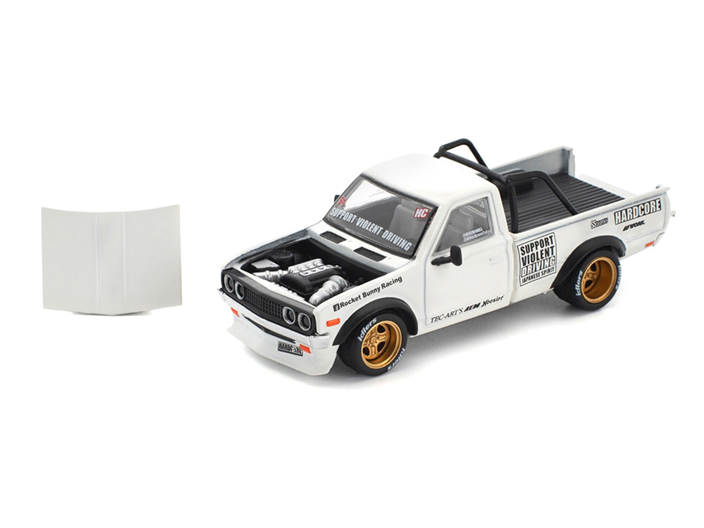 Datsun Pandem 620 Pickup Truck "Rocket Bunny Racing" White with Graphics 1/64 Diecast Model Car by Pop Race