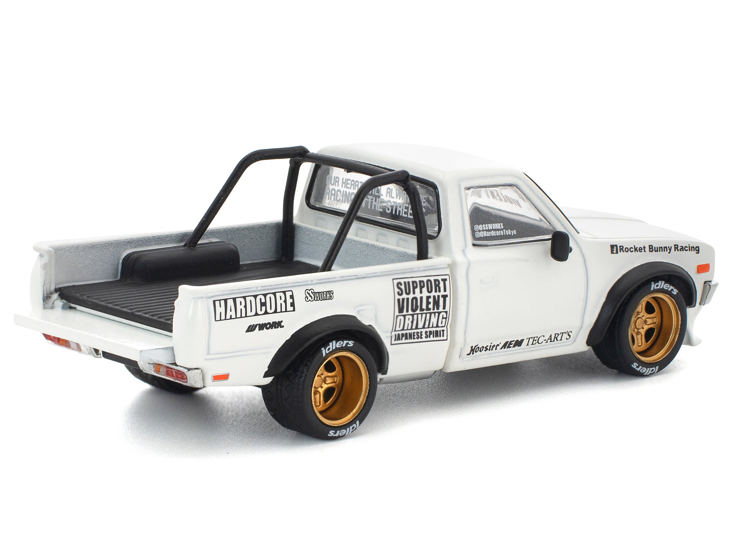 Datsun Pandem 620 Pickup Truck "Rocket Bunny Racing" White with Graphics 1/64 Diecast Model Car by Pop Race