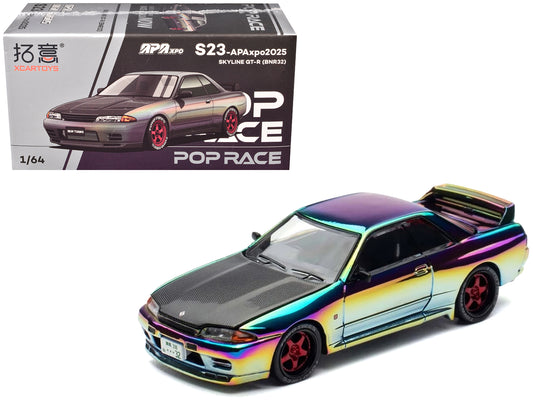Skyline GT-R (BNR32) RHD (Right Hand Drive) Chameleon Chrome with Carbon Hood "APA XPO 2025 Exclusive 1/64 T&y Diecast Model Car by Pop Race
