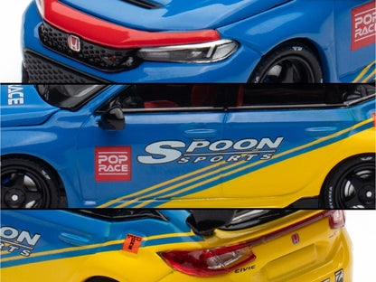 Honda Civic Type R FL5 "Spoon Sports" Blue and Yellow "Tokyo Auto Salon - Hong Kong 2025" 1/64 Diecast Model Car by Pop Race