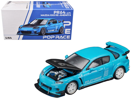 Mazda RX8 RE Amemiya RHD (Right Hand Drive) Light Blue with Carbon Hood "Tokyo Auto Salon 2026" 1/64 T&y Diecast Model Car by Pop Race