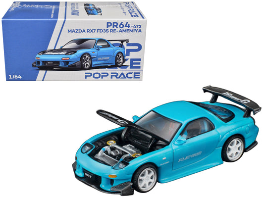 Mazda RX7 (FD3S) RE Amemiya RHD (Right Hand Drive) Light Blue with Carbon Hood "Tokyo Auto Salon 2026" 1/64 T&y Diecast Model Car by Pop Race