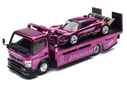 Nissan Pandem Fuso-300 Flatbed Truck RHD (Right Hand Drive) Purple Chrome and Lotus Pandem Elise Purple Chrome with Graphics 2 Car Box Set "Hobby Expo China 2026" 1/64 Diecast Model Car by Pop Race