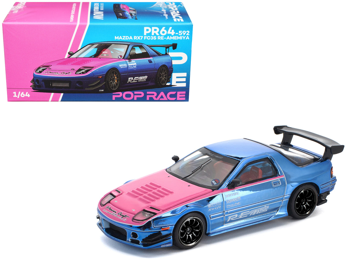 Mazda RX7 (FC3S) RE Amemiya RHD Blue Chrome 1/64 Diecast Model Car - Pop Race