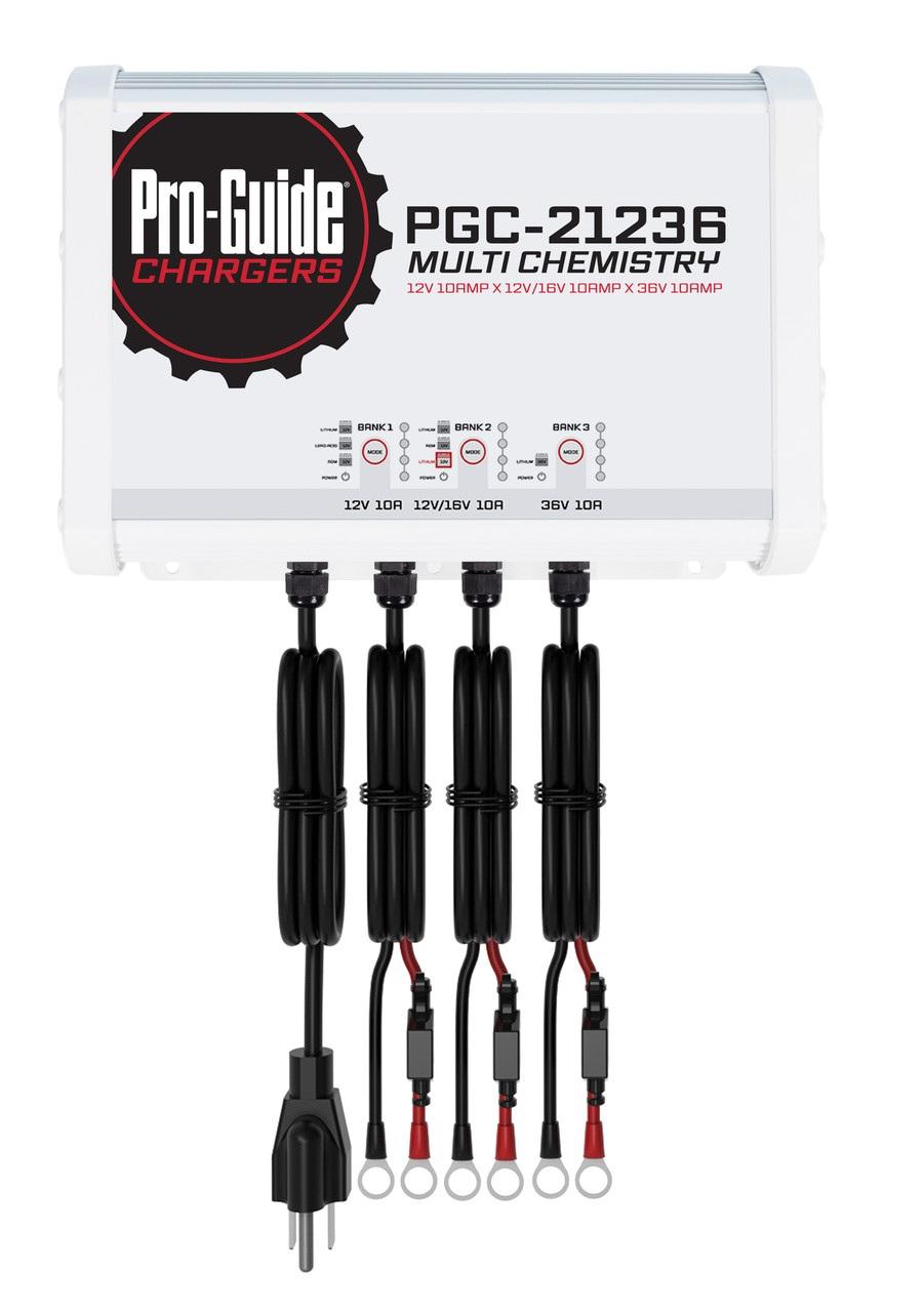 Pro-Guide PGC-21236 3-Bank 1x12V/10A Lead Acid/LiFePO4, 1x 12V/16V/10A Wtron AGM/LiFePO4 and 1x36V 10A LiFePO4 On Board Charger, IP68