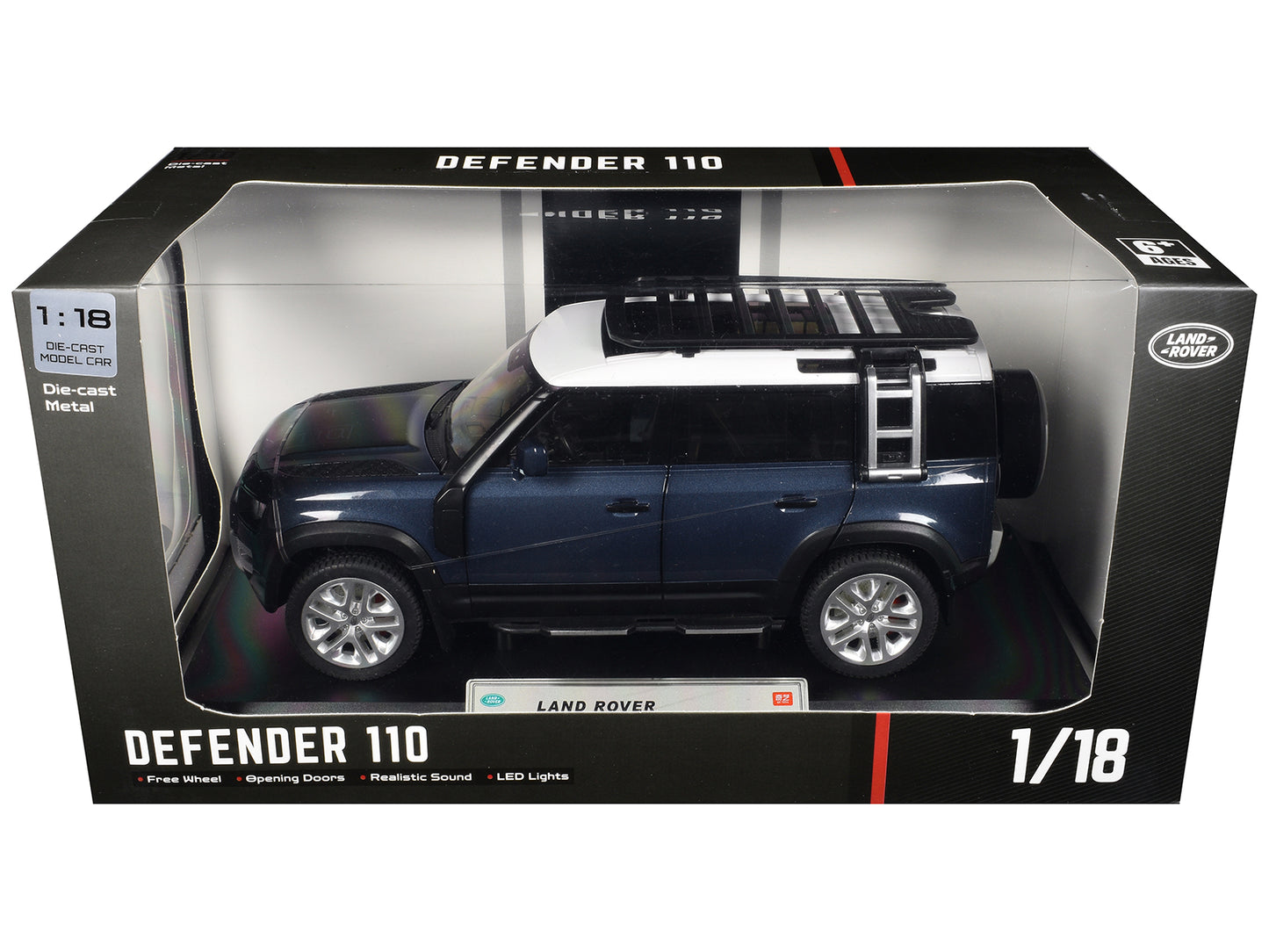 Land Rover Defender 110 Blue Metallic with White Top and Roof Rack 1/18 T&y Diecast Model Car by Heimanba