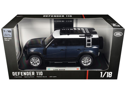 Land Rover Defender 110 Blue Metallic with White Top and Roof Rack 1/18 T&y Diecast Model Car by Heimanba