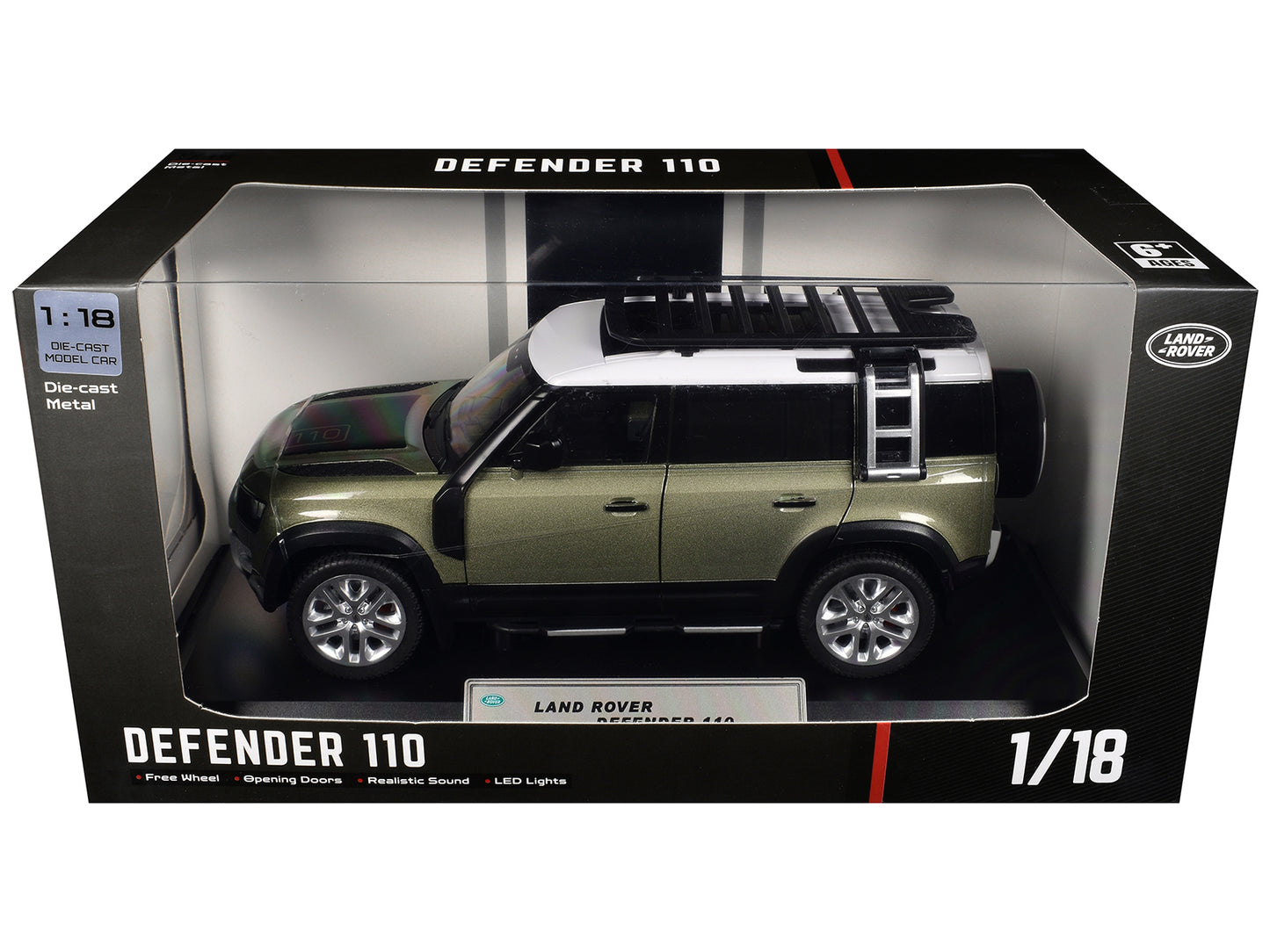 Land Rover Defender 110 Green Metallic with White Top and Roof Rack 1/18 T&y Diecast Model Car by Heimanba