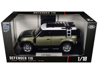 Land Rover Defender 110 Green Metallic with White Top and Roof Rack 1/18 T&y Diecast Model Car by Heimanba