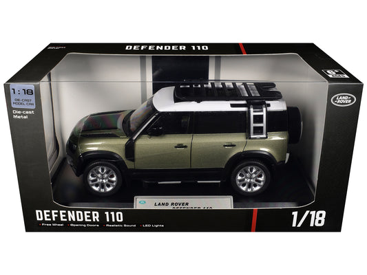 Land Rover Defender 110 Green Metallic with White Top and Roof Rack 1/18 T&y Diecast Model Car by Heimanba