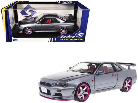 1999 Nissan Skyline GT-R (R34) RHD (Right Hand Drive) Silver Metallic with Purple Wheels 1/18 T&y Diecast Model Car by Solido