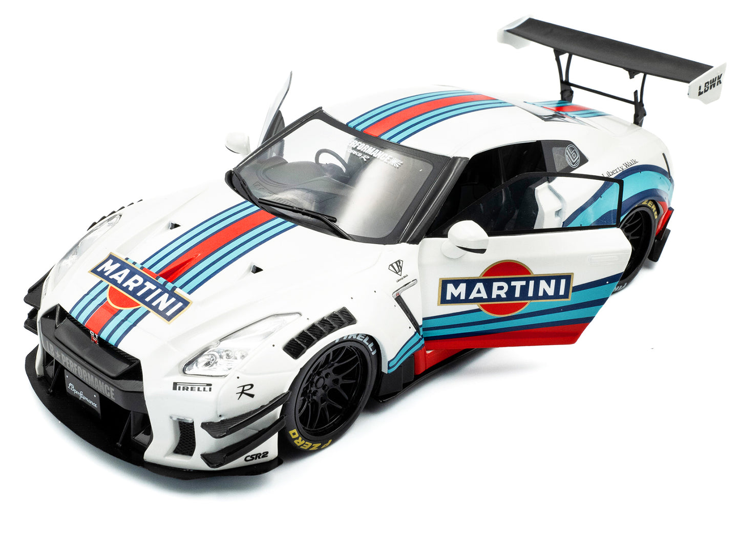 2024 Nissan GT-R (R35) RHD (Right Hand Drive) with Liberty Walk 2.0 Body Kit "Martini Racing" White with Stripes 1/18 Diecast Model Car by Solido