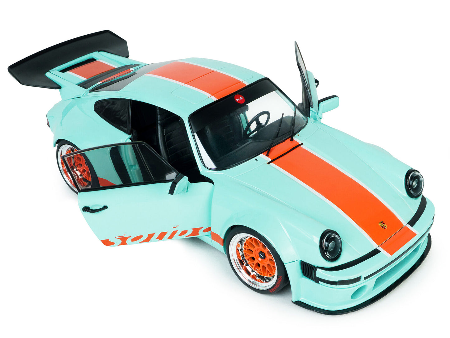 2025 Porsche 911 KS-R by Khyzyl Saleem "Blue Racer" Light Blue with Orange Stripes 1/18 Diecast Model Car by Solido