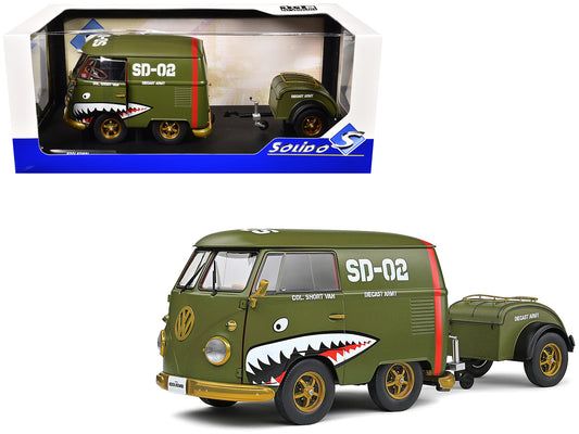1950 Volkswagen Kool Kombi Van with Trailer "Army Fighter" Green with Graphics 1/18 T&y Diecast Model Car by Solido