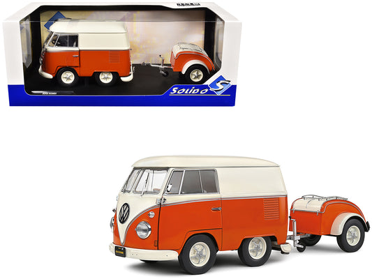 1950 Volkswagen Kool Kombi Van with Trailer Orange and White 1/18 T&y Diecast Model Car by Solido