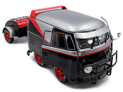 2024 Volkswagen Kool Kombi Sport Van with Trailer Black and Silver with Red Stripe 1/18 Diecast Model Car by Solido