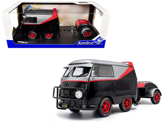 2024 Volkswagen Kool Kombi Sport Van with Trailer Black and Silver with Red Stripe 1/18 T&y Diecast Model Car by Solido