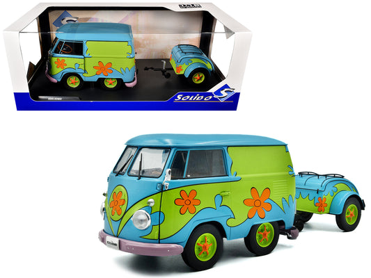 2024 Volkswagen Kool Kombi Van with Trailer "Ghost Hunter" Blue and Green with Graphics 1/18 T&y Diecast Model Car by Solido