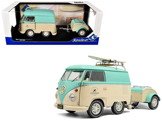 2024 Volkswagen Cool Combi Van with Trailer "Long Beach Surfing Club" Mint Green and Cream with Roof Rack and Surfboard 1/18 T&y Diecast Model Car by Solido