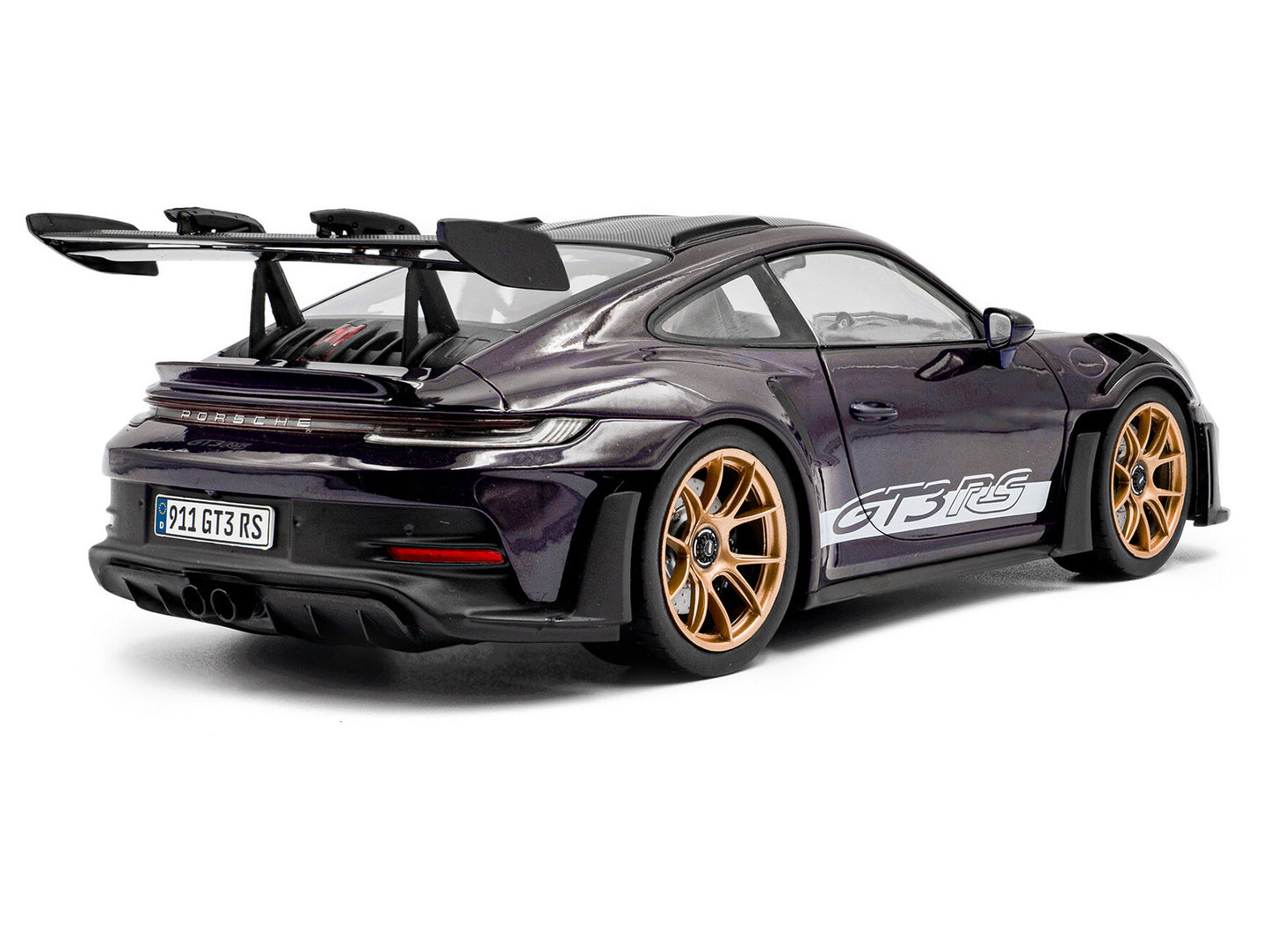 2024 Porsche 911 GT3 RS Weissach Package Viola Purple Metallic with Carbon Hood Stripes and Top 1/18 Diecast Model Car by Solido