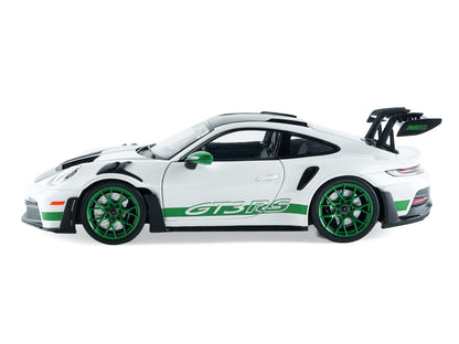 2024 Porsche 911 GT3 RS "Tribute to Carrera RS Package" White with Carbon Hood Stripes and Top and Green Side Stripes and Wheels 1/18 Diecast Model Car by Solido
