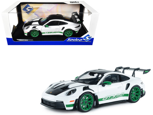 2024 Porsche 911 GT3 RS "Tribute to Carrera RS Package" White with Carbon Hood Stripes and Top and Green Side Stripes and Wheels 1/18 T&y Diecast Model Car by Solido