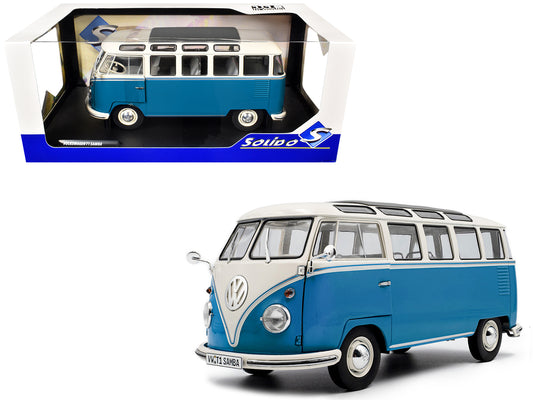 1962 Volkswagen T1 Samba Bus Baby Blue and White 1/18 T&y Diecast Model Car by Solido