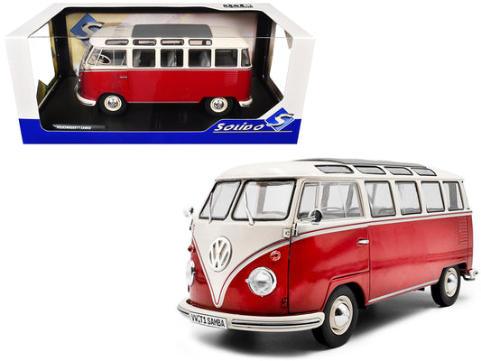 1962 Volkswagen T1 Samba Bus Red and White 1/18 T&y Diecast Model Car by Solido