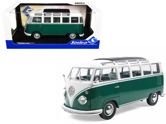 1962 Volkswagen T1 Samba Bus Green and White 1/18 T&y Diecast Model Car by Solido