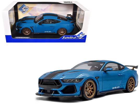 2024 Ford Shelby Mustang Super Snake Grabber Blue Metallic with Black Stripes 1/18 T&y Diecast Model Car by Solido