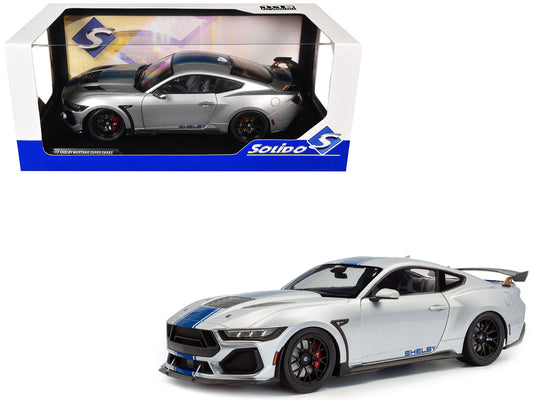 2024 Ford Shelby Mustang Super Snake Gray Metallic with Blue Stripes 1/18 T&y Diecast Model Car by Solido
