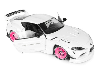 2025 T&yota GR Supra "Liberty Walk" Body Kit White Metallic with Pink Wheels 1/18 T&y Diecast Model Car by Solido