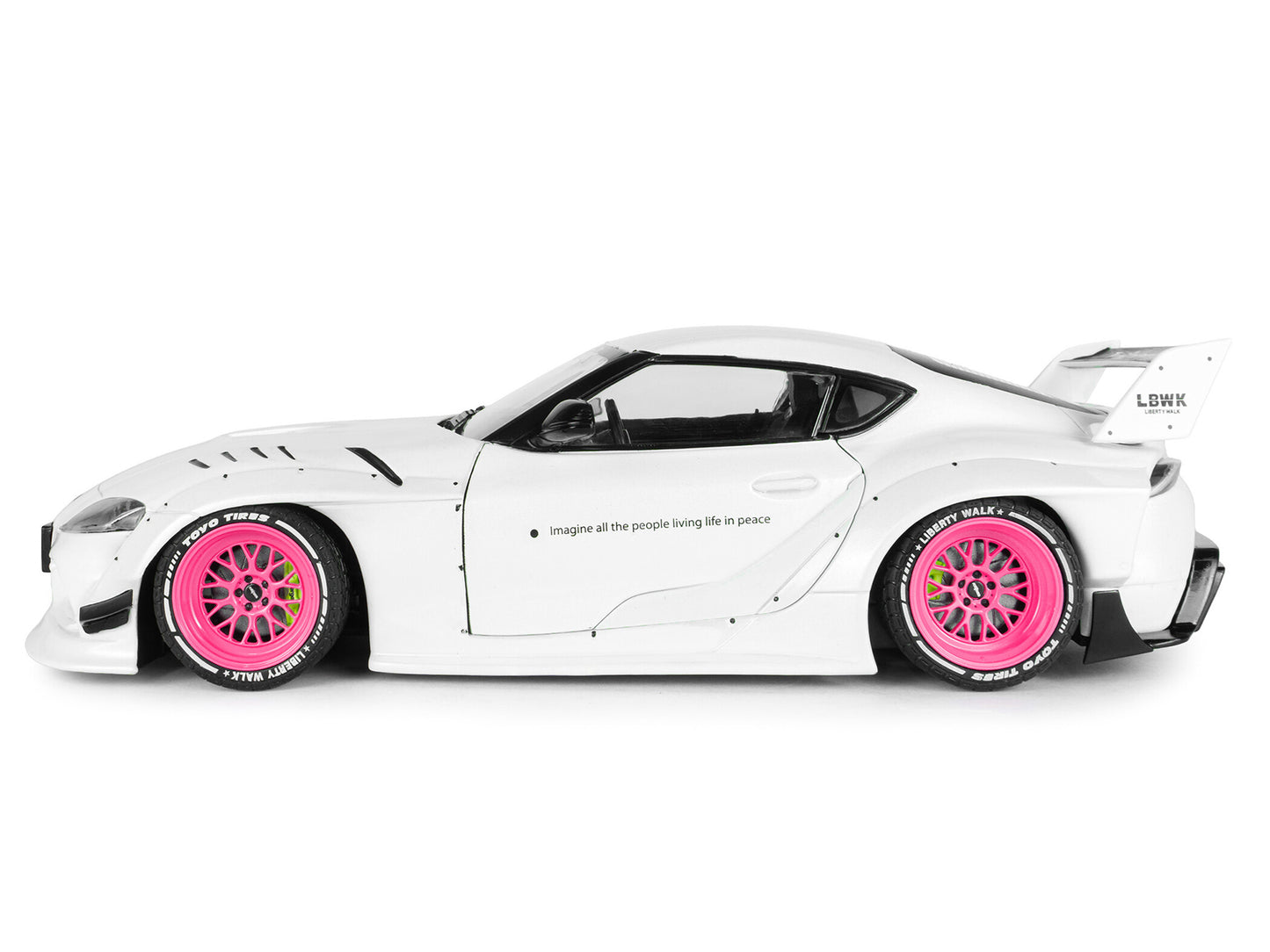 2025 T&yota GR Supra "Liberty Walk" Body Kit White Metallic with Pink Wheels 1/18 T&y Diecast Model Car by Solido