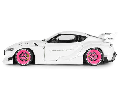 2025 T&yota GR Supra "Liberty Walk" Body Kit White Metallic with Pink Wheels 1/18 T&y Diecast Model Car by Solido