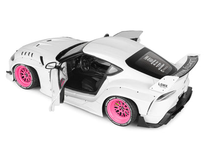 2025 T&yota GR Supra "Liberty Walk" Body Kit White Metallic with Pink Wheels 1/18 T&y Diecast Model Car by Solido