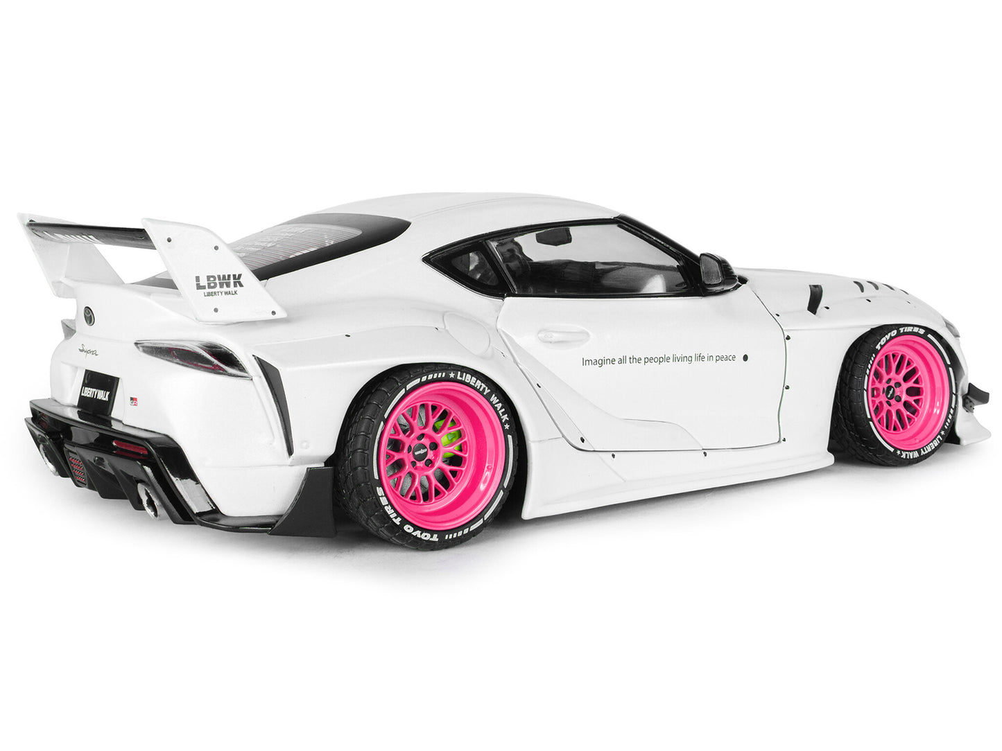 2025 T&yota GR Supra "Liberty Walk" Body Kit White Metallic with Pink Wheels 1/18 T&y Diecast Model Car by Solido