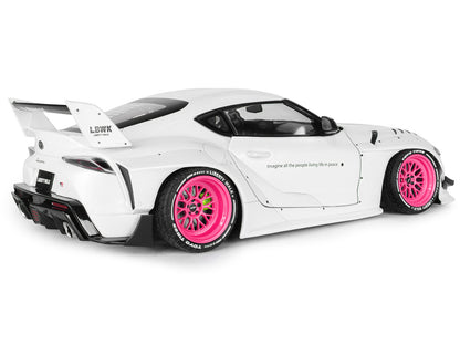 2025 T&yota GR Supra "Liberty Walk" Body Kit White Metallic with Pink Wheels 1/18 T&y Diecast Model Car by Solido